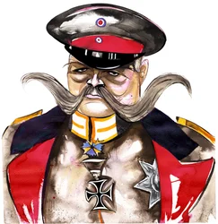 Paul von Hindenburg - urodzony w Polsce, niemiecki generał i prezydent (1847-1934); kolorowa karykatura